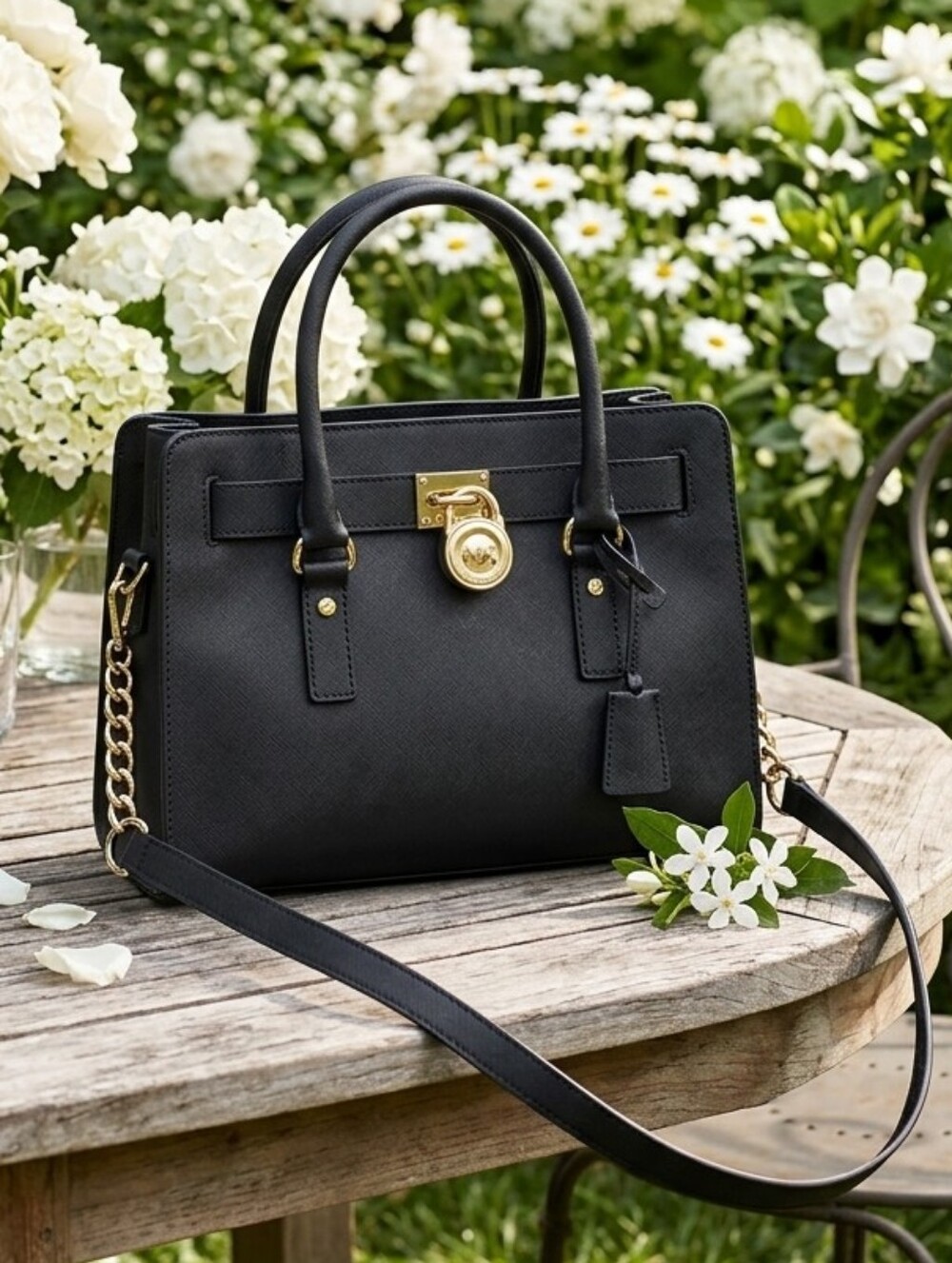 Michael Kors Black Leather Medium Satchel Handbag with Gold Hardware